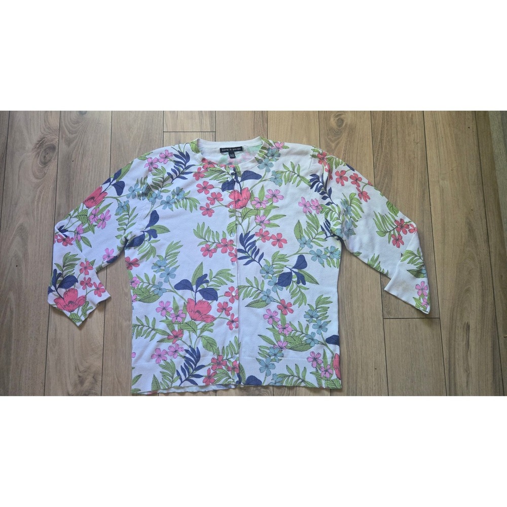 Cable & Gauge Floral Cardigan‎ Sweater White Pink Tropical 3/4 Sleeve XL